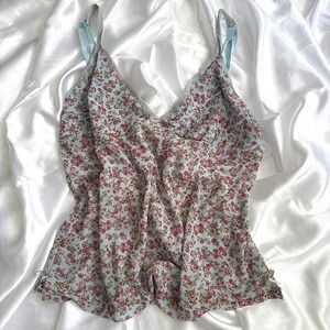 Colours of the World Blue Pink Floral Mesh Camisole V-Neck Bow Accent Top